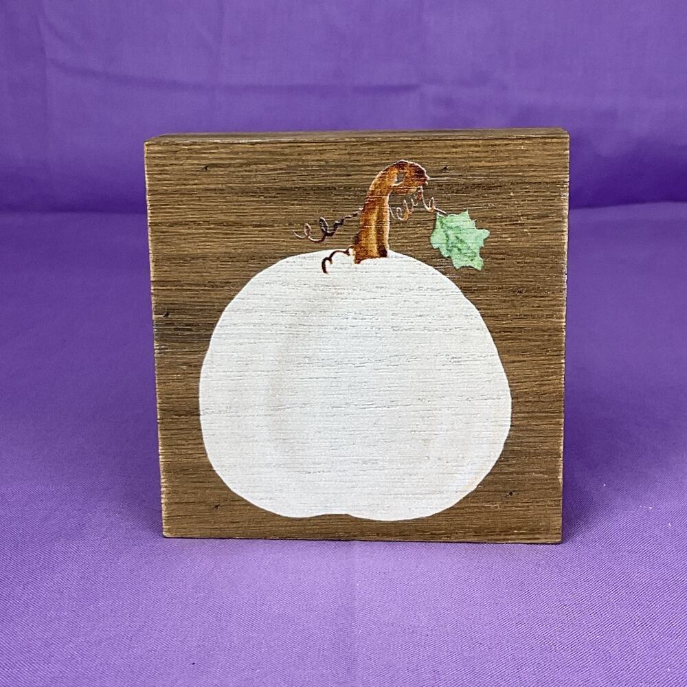 Rustic Wood Block Sign White Pumpkin - Fall Harvest Tabletop Decor